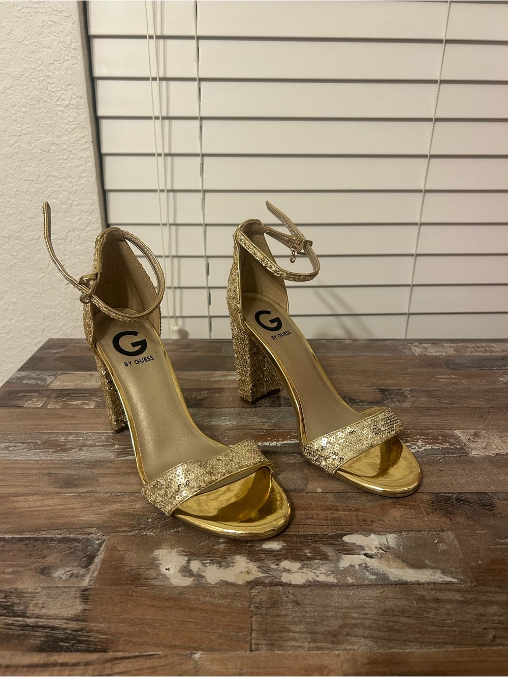 G by Guess Glitter Gold Ankle-Strap Block Heels